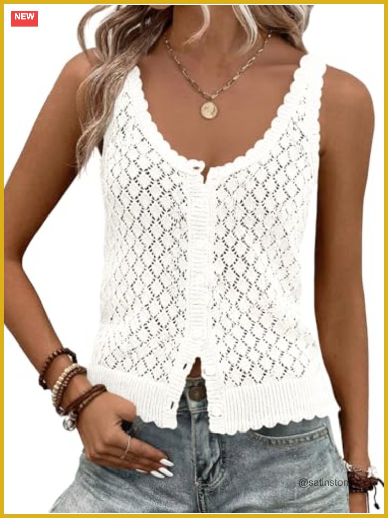 Sleeveless Crochet Cardigan Button Down Boho Knit Vest Top